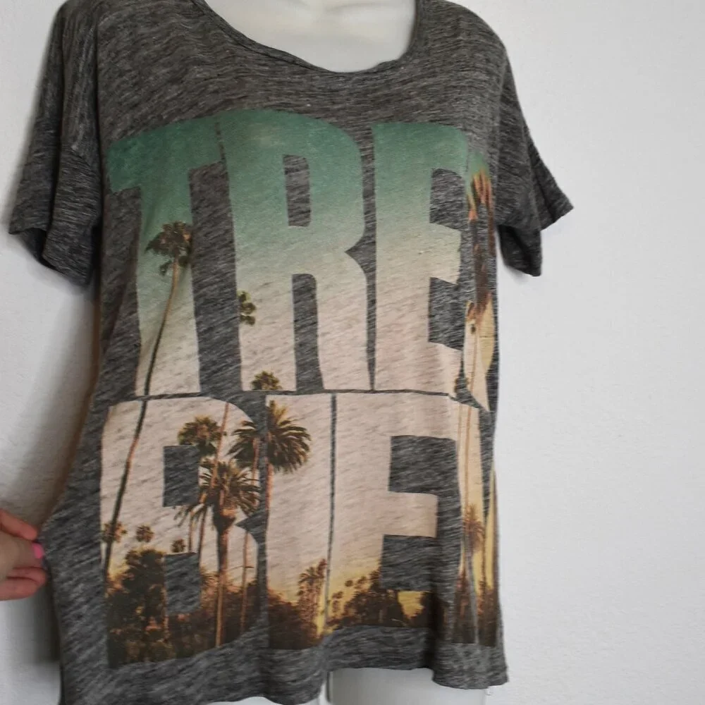 J Crew 100% Linen Graphic Tee Sz XS Tres Bien Relaxed Fit Slouchy Boho Beachy